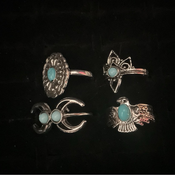New x4 Silver Tone Ring Synthetic Turquoise Moon Bird Boho Fashion Set Size 5/6 - Picture 4 of 6